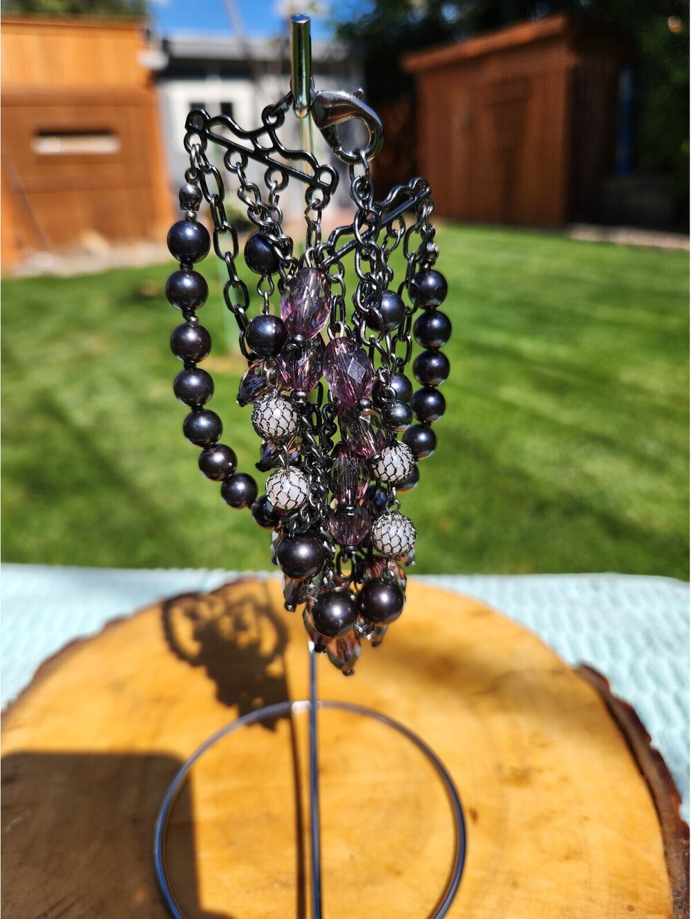 Vintage Multi-Strand Beaded Charm Bracelet with Purple and Black Beads